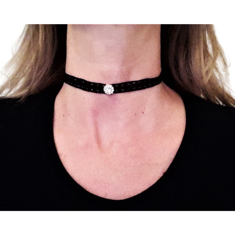 Black Lace Crochet Choker Simulated Diamonds Necklace Elegant Glam Goth Bohemian
